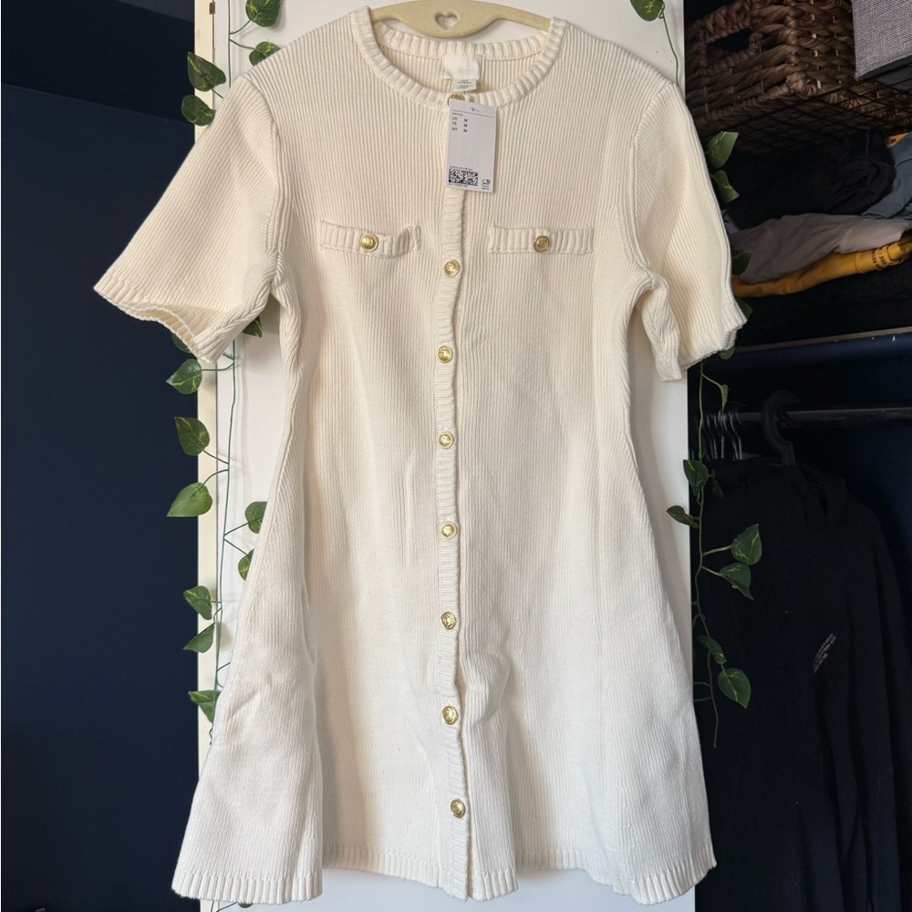 H&M ribbed 100% cotton sold out everywhere dress cream ivory front button size M